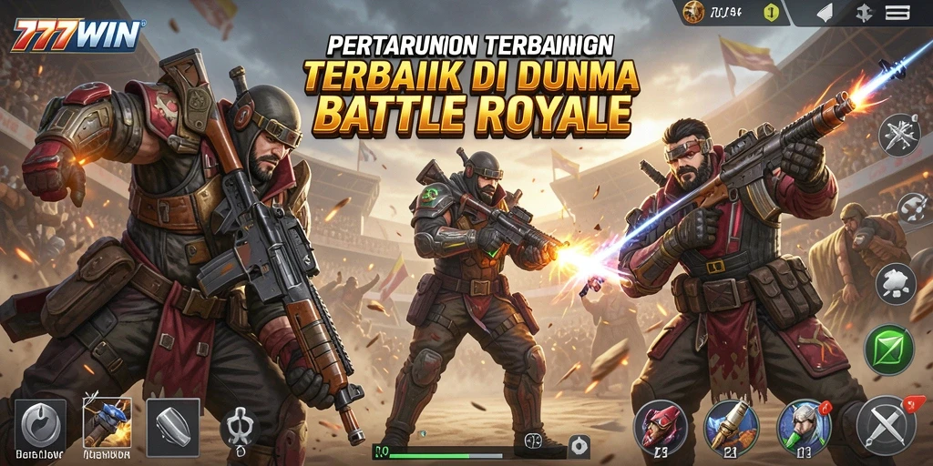 Screenshot utama 777WIN menampilkan aksi pertarungan seru di medan perang battle royale.