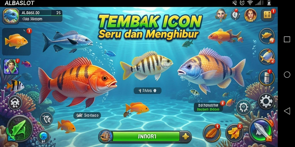 Tampilan gameplay seru dari ALBASLOT saat menembak ikan.