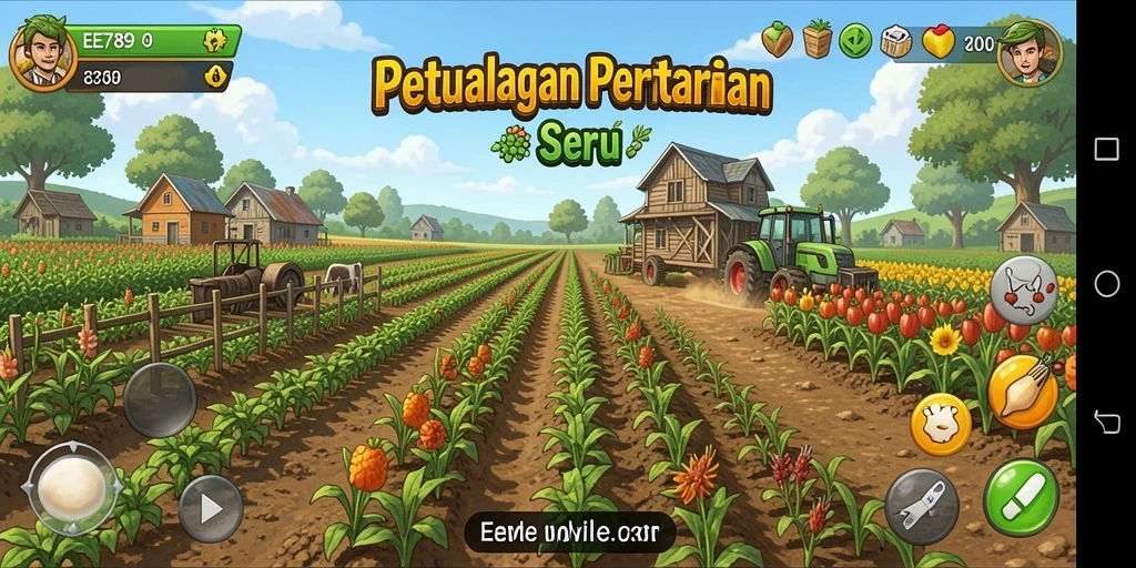 Gameplay seru EE789 dengan tanaman yang tumbuh subur dan aktivitas bertani.
