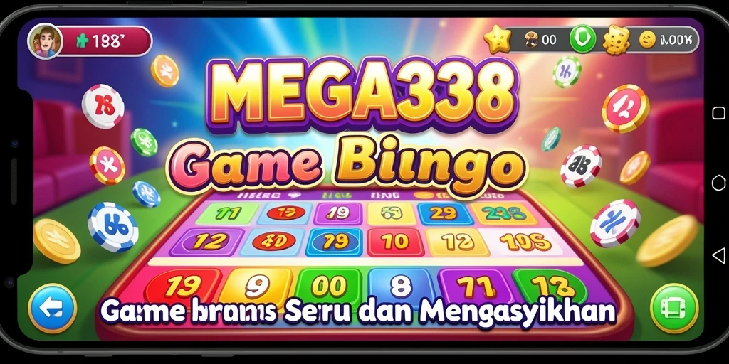 Tampilan gameplay seru dalam MEGA338 menampilkan kartu Bingo yang penuh warna.